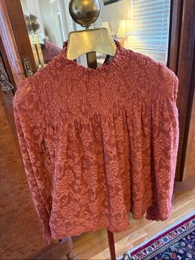 Anthropologie Smocked Lace Blouse in Dusty Rose